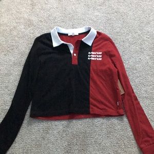 Red and black long sleeve crop top w/ white collar
